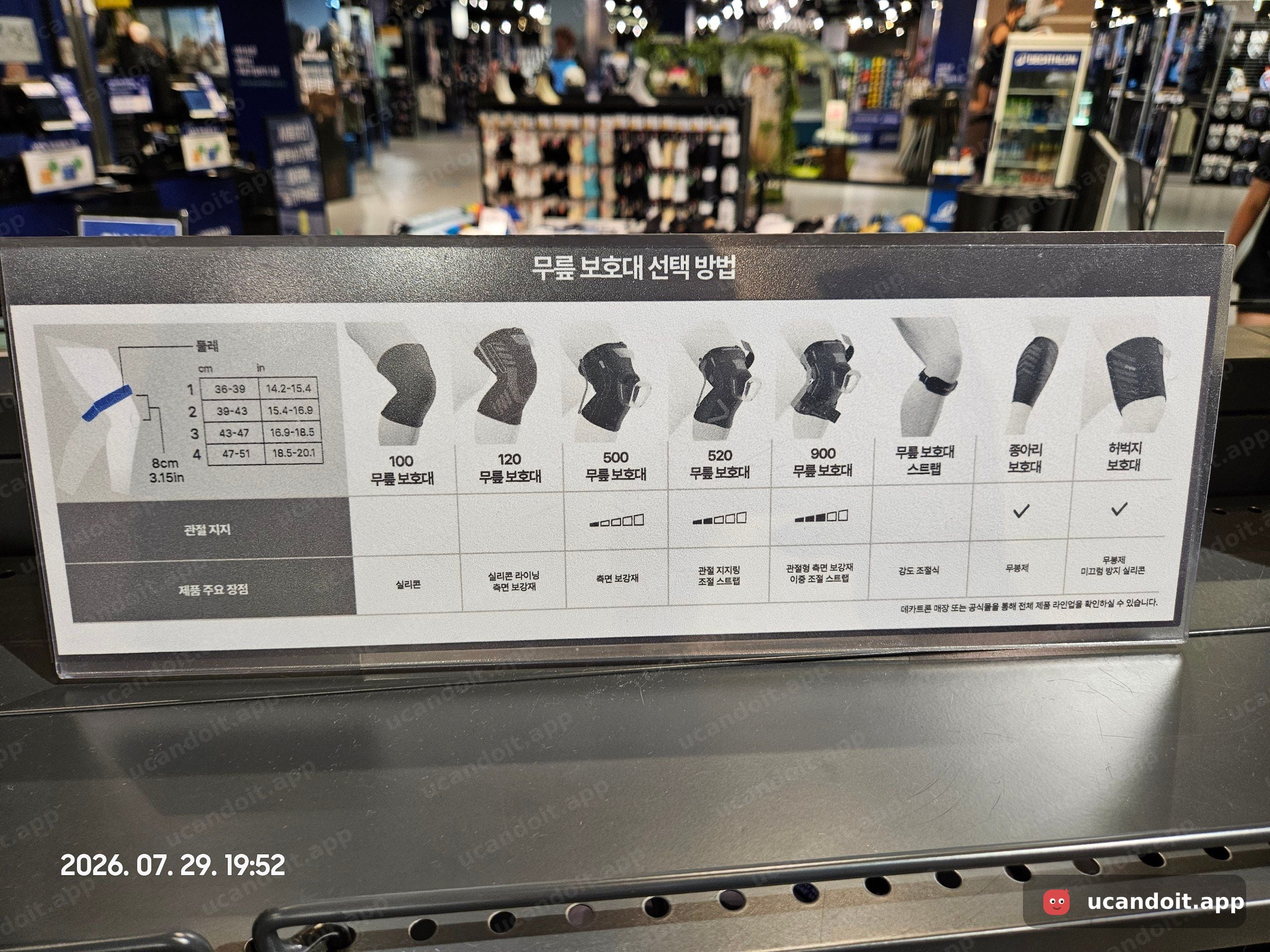 무릎 보호대 선택 방법 안내판 (100～900 라인업 비교)